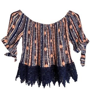 Iris Women’s Cold Shoulder Eyelet Crochet Boho Western Print Crop Top [US S]